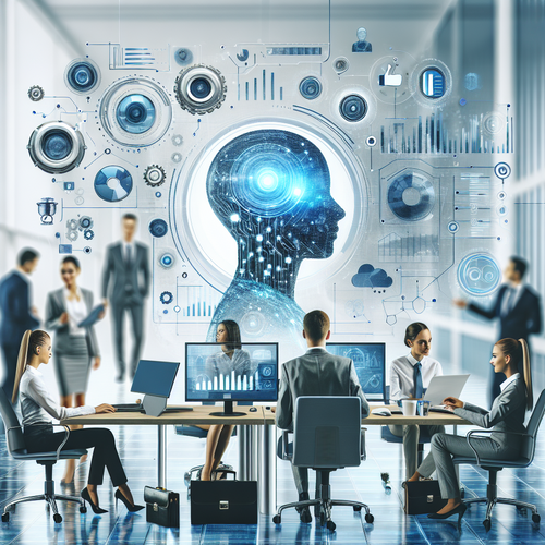Agente de inteligencia artificial interactuando en entorno empresarial moderno