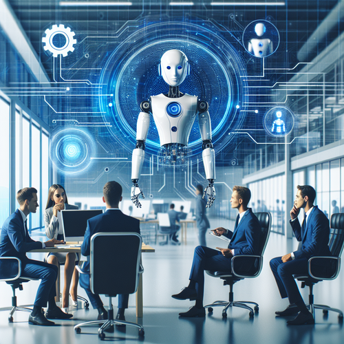 Agentes de inteligencia artificial interactuando en un entorno empresarial moderno