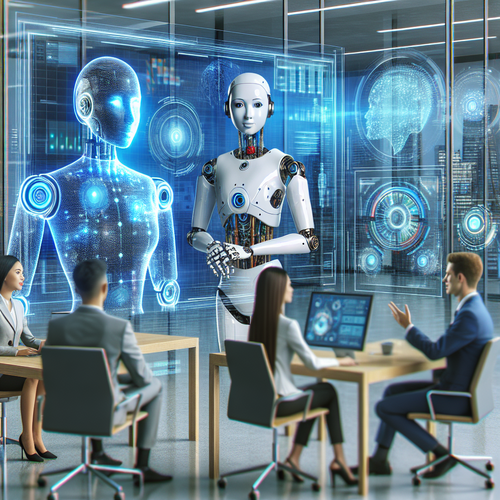 Agentes de inteligencia artificial interactuando en un entorno empresarial tecnológico