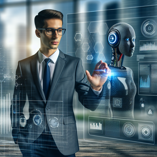 Agente de inteligencia artificial en entorno empresarial digital mostrando gráficos y datos