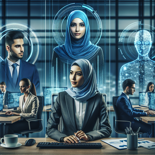 Entorno empresarial moderno con agentes de inteligencia artificial interactuando con empleados