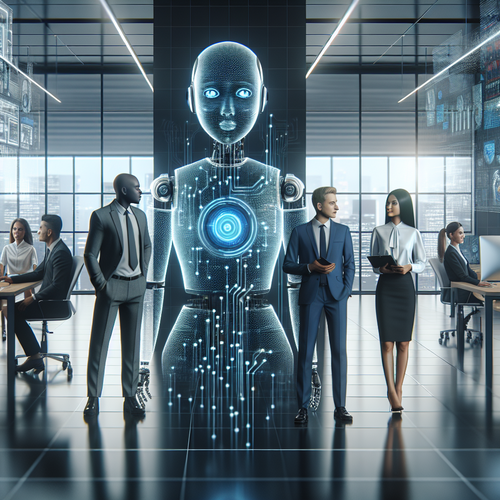 Agente de inteligencia artificial en entorno empresarial futurista