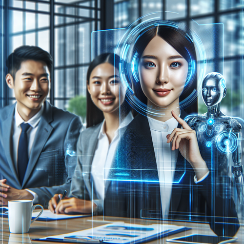 Agente de inteligencia artificial interactuando en oficina corporativa con empleados, representando tecnología avanzada en empresas