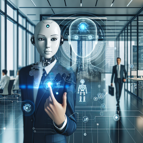 Agente de inteligencia artificial interactuando en entorno empresarial moderno