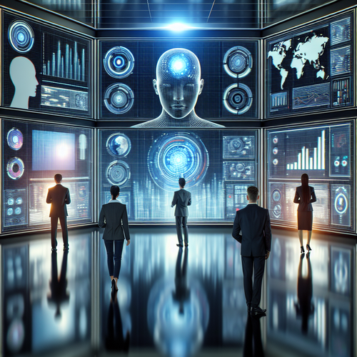 Agentes de inteligencia artificial colaborando en un entorno empresarial moderno y tecnológico