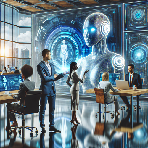 Agente de inteligencia artificial interactuando en entorno empresarial moderno