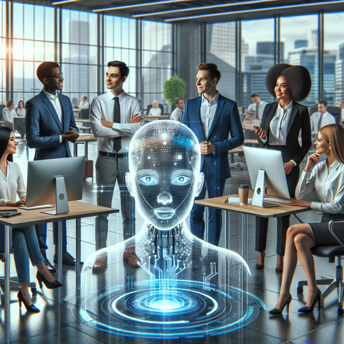 Agente de inteligencia artificial asistiendo a empleados en entorno empresarial moderno