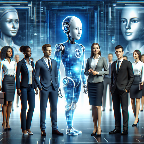 Entorno empresarial moderno con agentes de inteligencia artificial interactuando con empleados