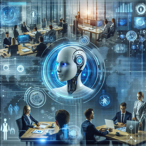 Agentes de inteligencia artificial en entorno empresarial moderno, mostrando integración tecnológica y eficiencia