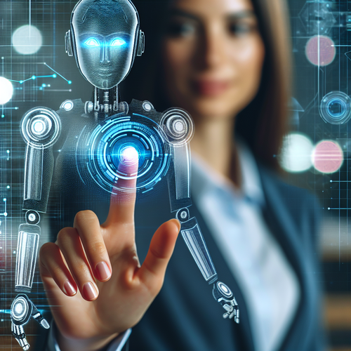 Agente de inteligencia artificial interactuando en entorno empresarial moderno