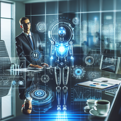 Agente de inteligencia artificial interactuando en entorno empresarial moderno