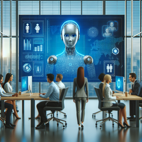 Agente de inteligencia artificial interactuando con empleados en oficina corporativa moderna