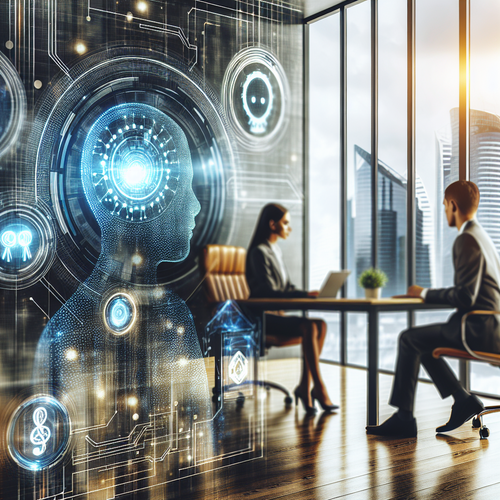 Representación visual de agentes de inteligencia artificial en un entorno empresarial moderno