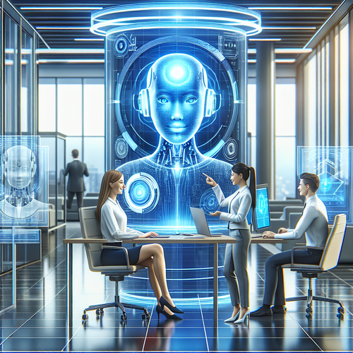 Agente de inteligencia artificial interactuando en entorno empresarial moderno