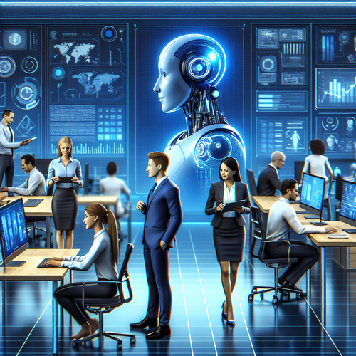 Agente de inteligencia artificial interactuando en entorno empresarial moderno