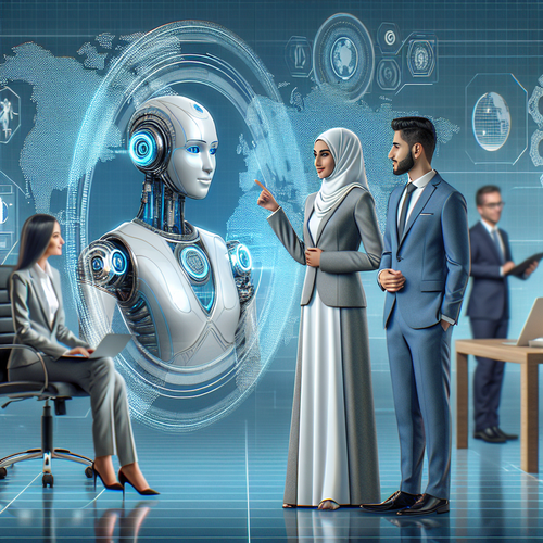 Agente de inteligencia artificial interactuando con empleados en un entorno empresarial moderno