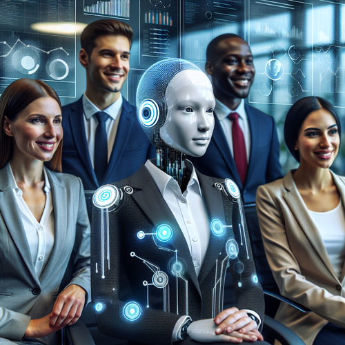 Agente de inteligencia artificial interactuando con equipo empresarial en entorno tecnológico moderno