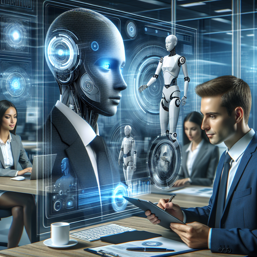 Agente de inteligencia artificial interactuando en entorno empresarial moderno para optimizar procesos