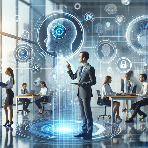 Agente de inteligencia artificial interactuando en un entorno empresarial moderno y tecnológico