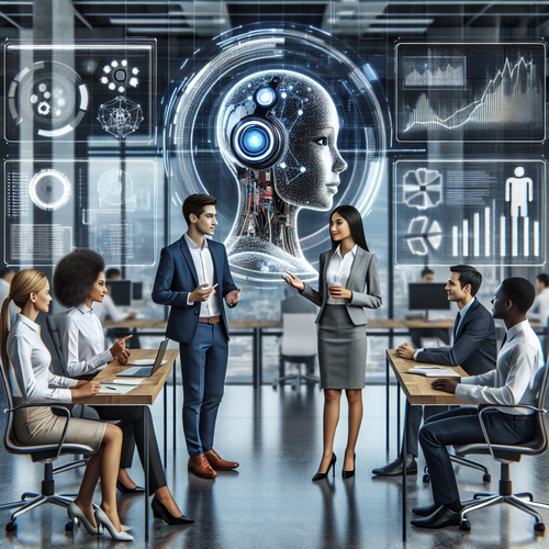 Agente de inteligencia artificial asistiendo a empleados en un entorno empresarial moderno y tecnológico