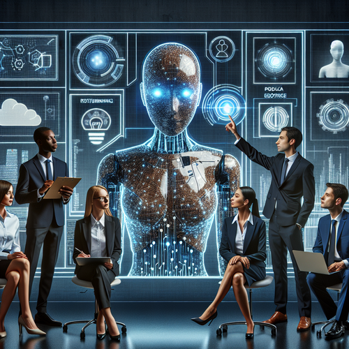 Agente de inteligencia artificial interactuando con equipo empresarial en entorno moderno
